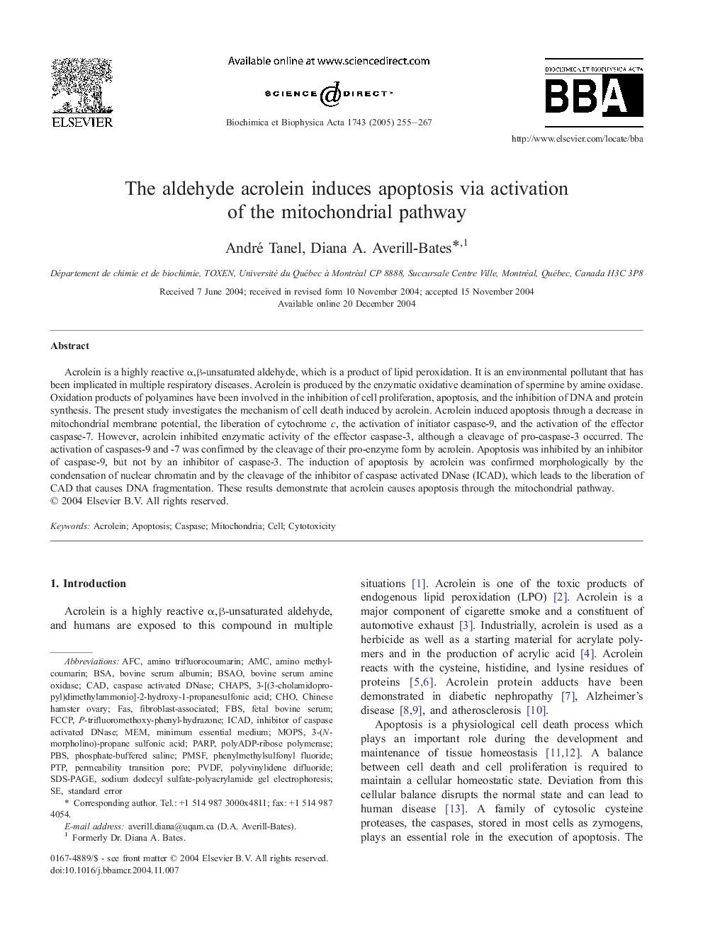 The aldehyde acrolein induces apoptosis via activation of the mitochondrial pathway