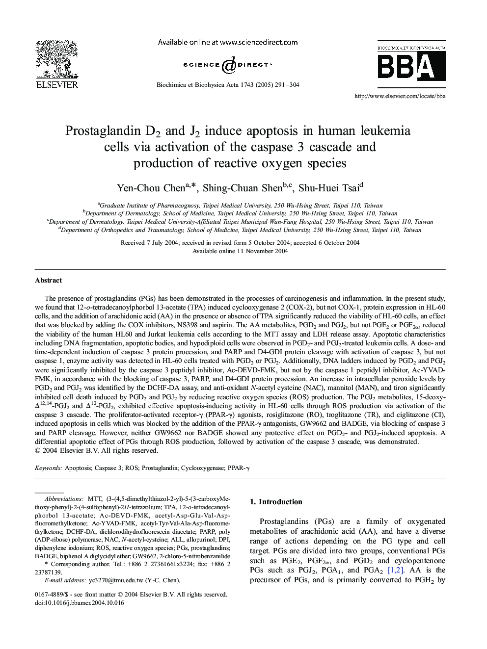 Prostaglandin D2 and J2 induce apoptosis in human leukemia cells via activation of the caspase 3 cascade and production of reactive oxygen species