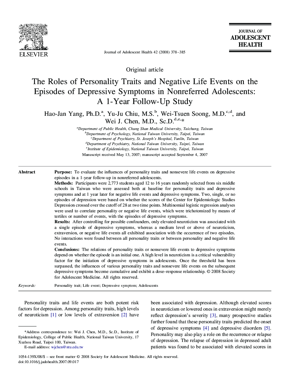 The Roles of Personality Traits and Negative Life Events on the Episodes of Depressive Symptoms in Nonreferred Adolescents: A 1-Year Follow-Up Study