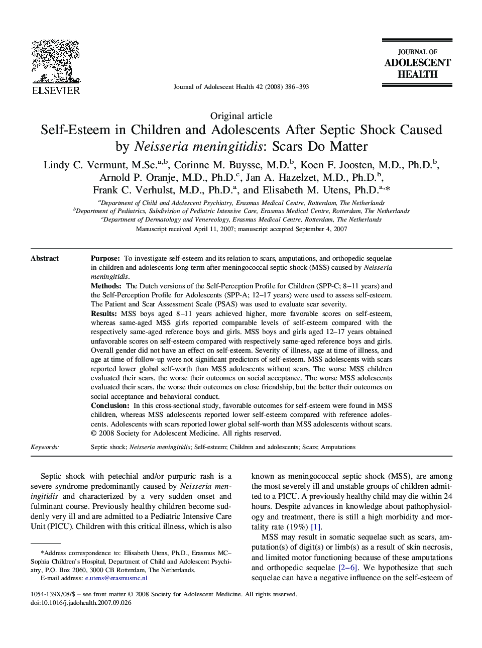 Self-Esteem in Children and Adolescents After Septic Shock Caused by Neisseria meningitidis: Scars Do Matter