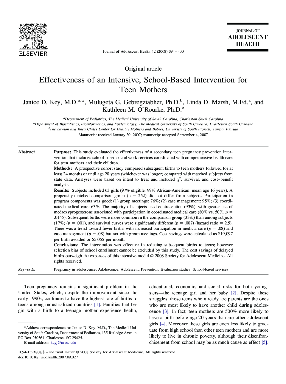 Effectiveness of an Intensive, School-Based Intervention for Teen Mothers