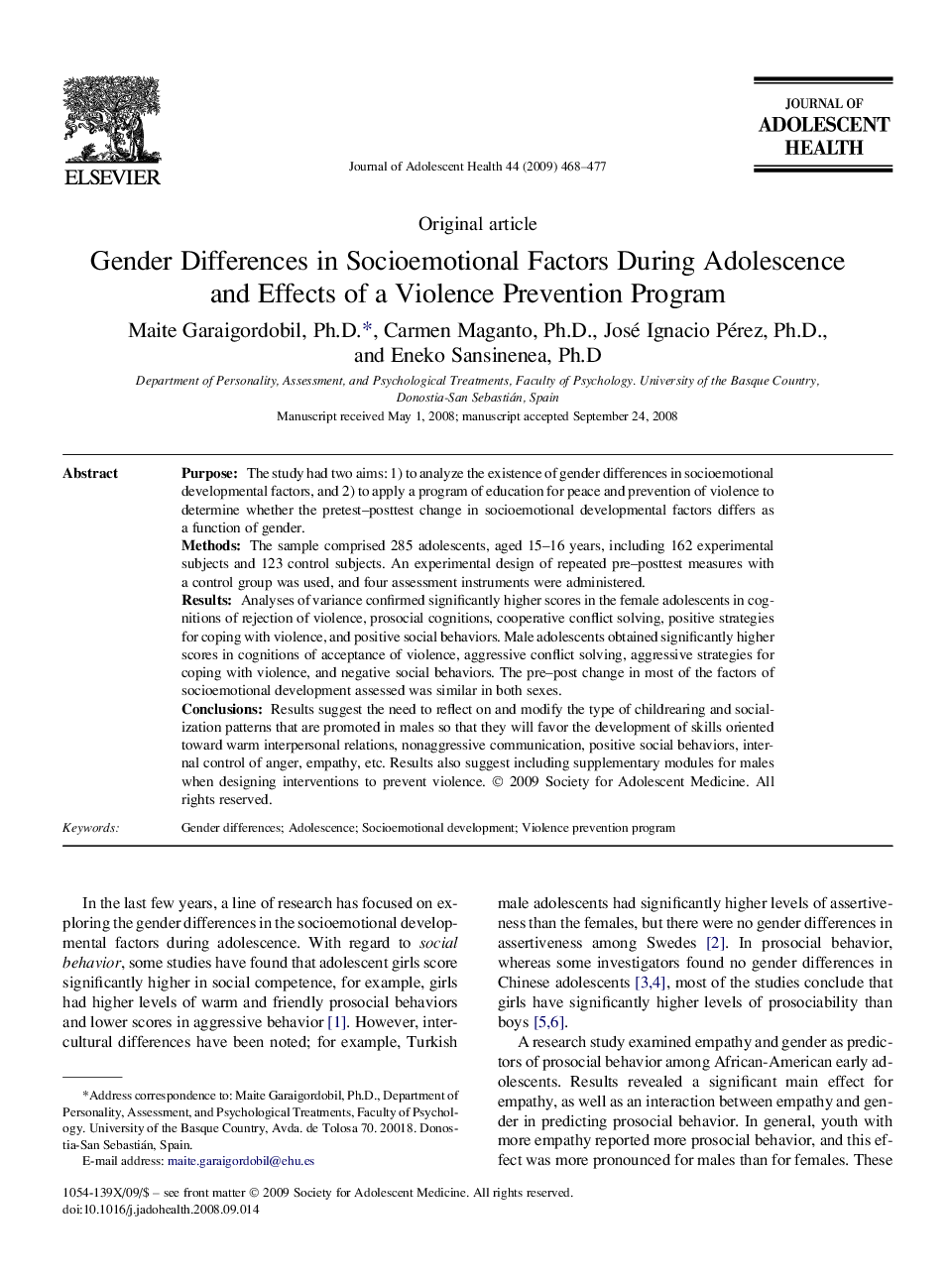 Gender Differences in Socioemotional Factors During Adolescence and Effects of a Violence Prevention Program