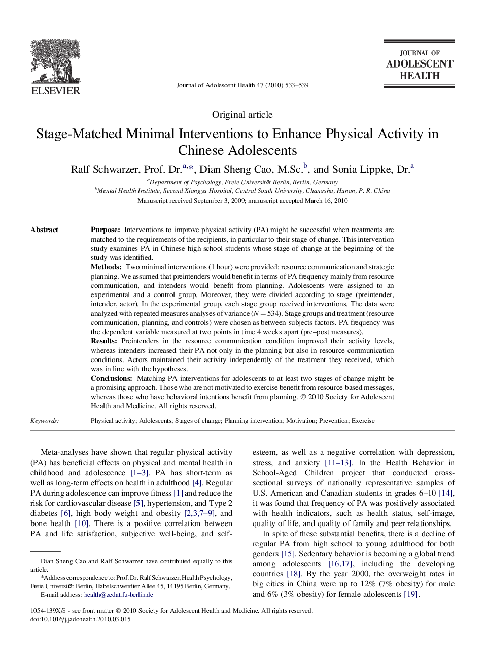 Stage-Matched Minimal Interventions to Enhance Physical Activity in Chinese Adolescents 