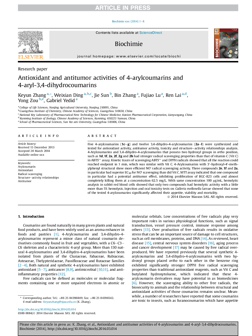 Antioxidant and antitumor activities of 4-arylcoumarins and 4-aryl-3,4-dihydrocoumarins