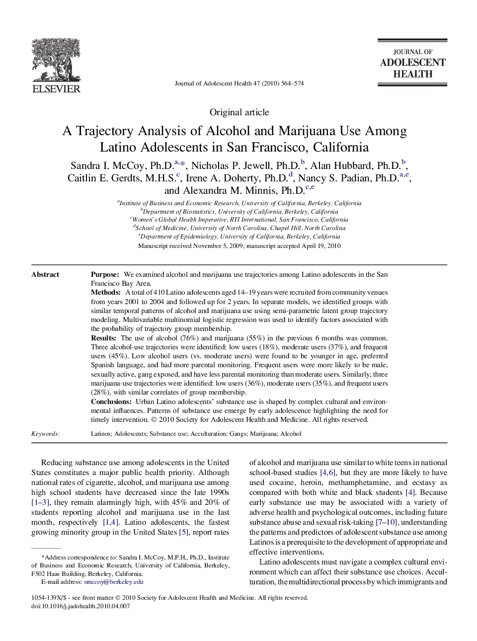 A Trajectory Analysis of Alcohol and Marijuana Use Among Latino Adolescents in San Francisco, California