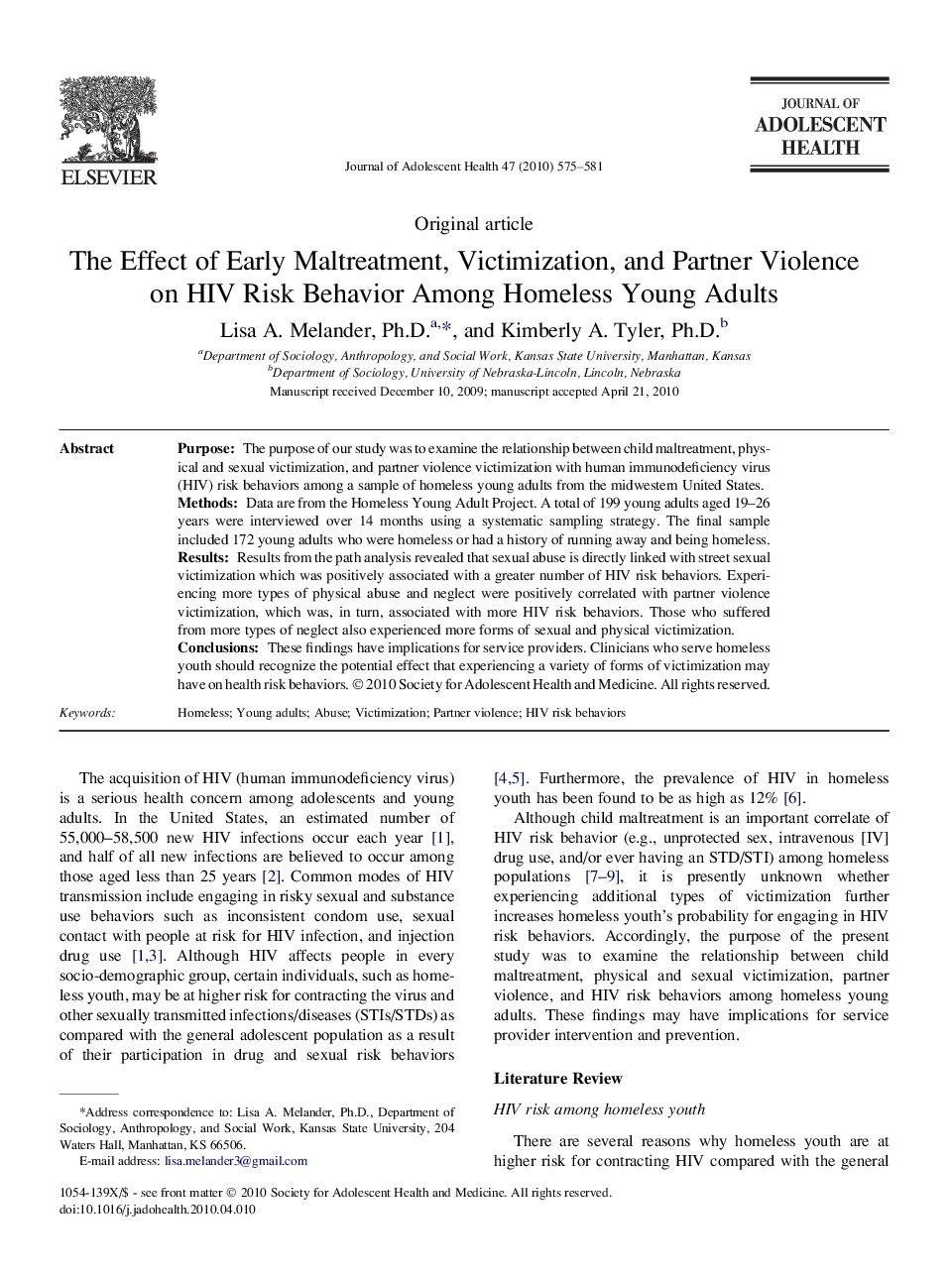 The Effect of Early Maltreatment, Victimization, and Partner Violence on HIV Risk Behavior Among Homeless Young Adults