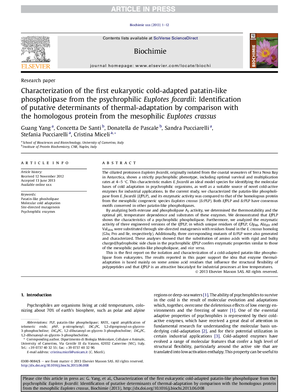 Characterization of the first eukaryotic cold-adapted patatin-like phospholipase from the psychrophilic Euplotes focardii: Identification of putative determinants of thermal-adaptation by comparison with the homologous protein from the mesophilic Euplotes