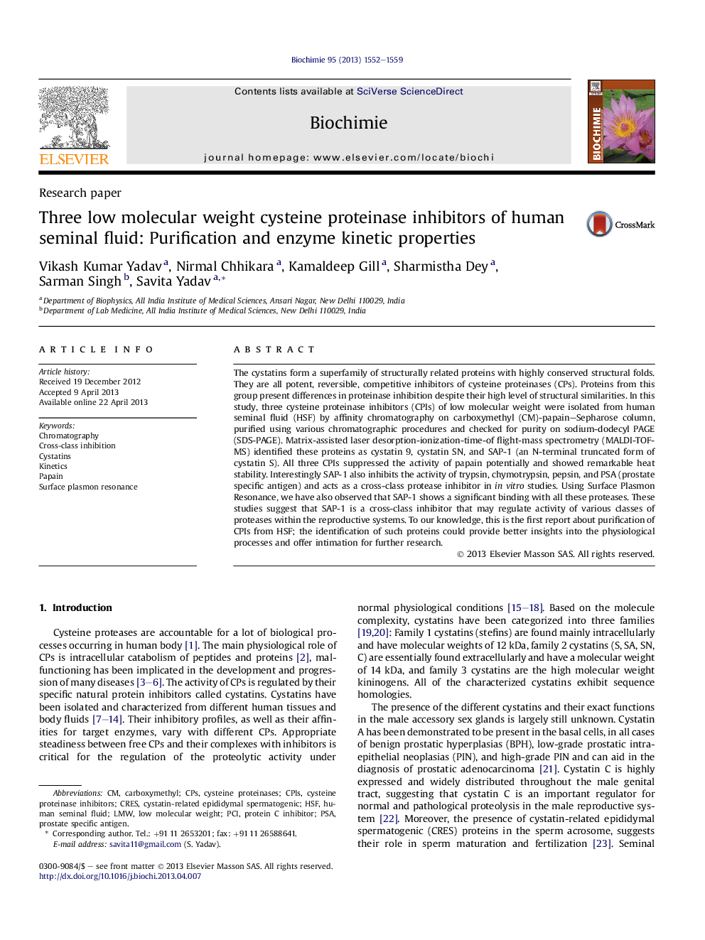 Three low molecular weight cysteine proteinase inhibitors of human seminal fluid: Purification and enzyme kinetic properties