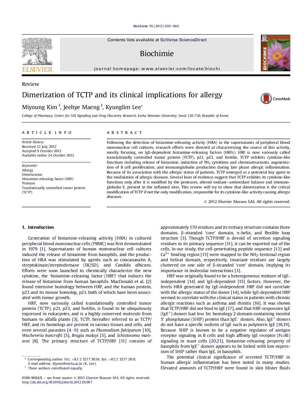 Dimerization of TCTP and its clinical implications for allergy