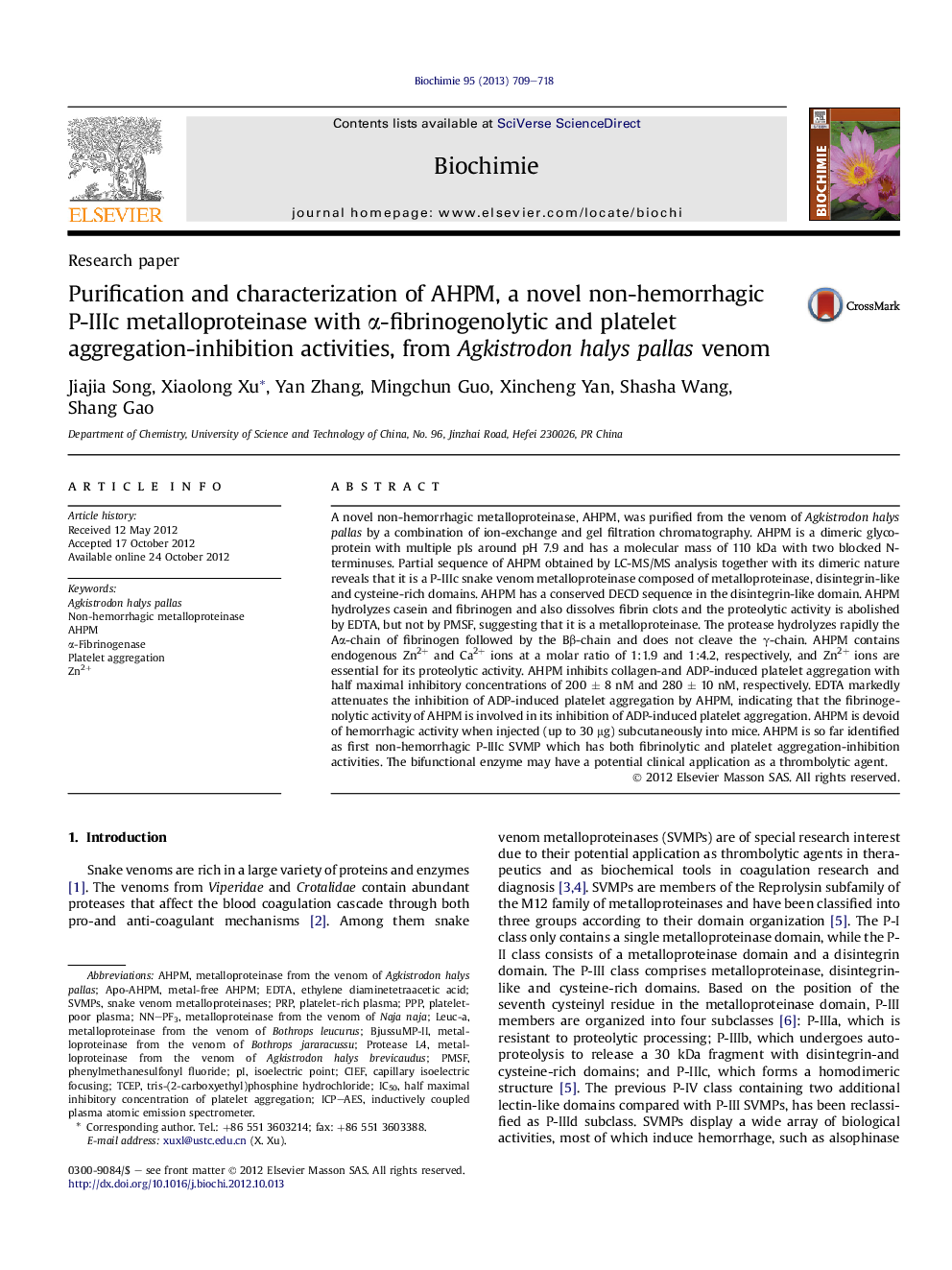 Purification and characterization of AHPM, a novel non-hemorrhagic P-IIIc metalloproteinase with Î±-fibrinogenolytic and platelet aggregation-inhibition activities, from Agkistrodon halys pallas venom