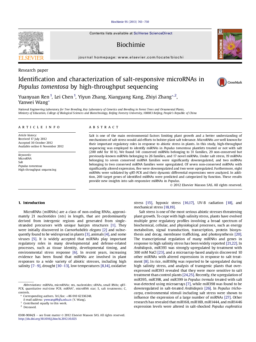 Identification and characterization of salt-responsive microRNAs in Populus tomentosa by high-throughput sequencing