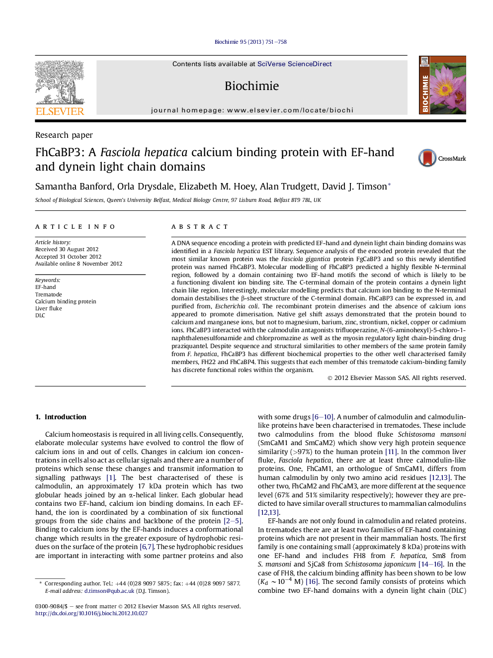 FhCaBP3: A Fasciola hepatica calcium binding protein with EF-hand and dynein light chain domains