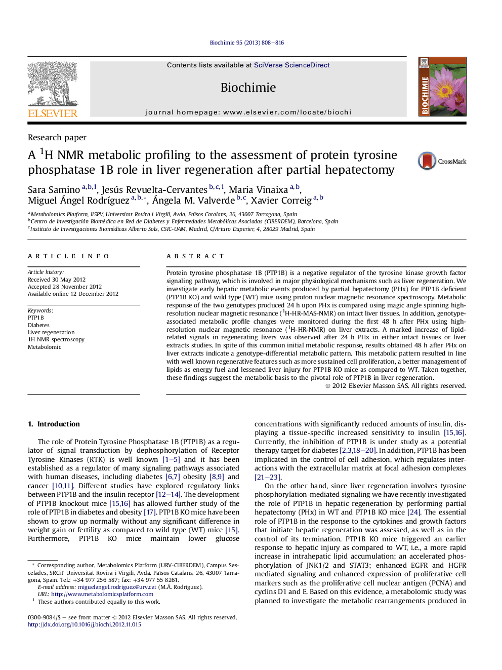 A 1H NMR metabolic profiling to the assessment of protein tyrosine phosphatase 1B role in liver regeneration after partial hepatectomy