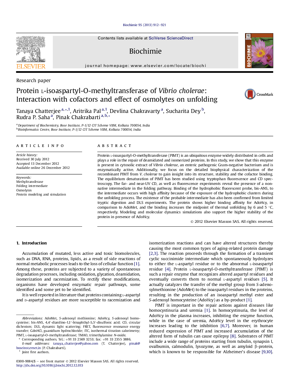 Protein l-isoaspartyl-O-methyltransferase of Vibrio cholerae: Interaction with cofactors and effect of osmolytes on unfolding