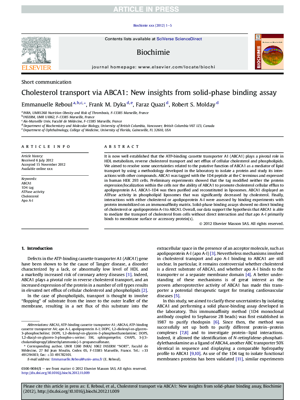 Cholesterol transport via ABCA1: New insights from solid-phase binding assay