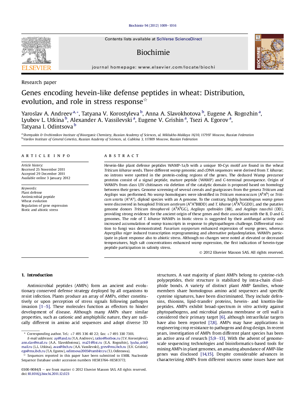 Genes encoding hevein-like defense peptides in wheat: Distribution, evolution, and role in stress response