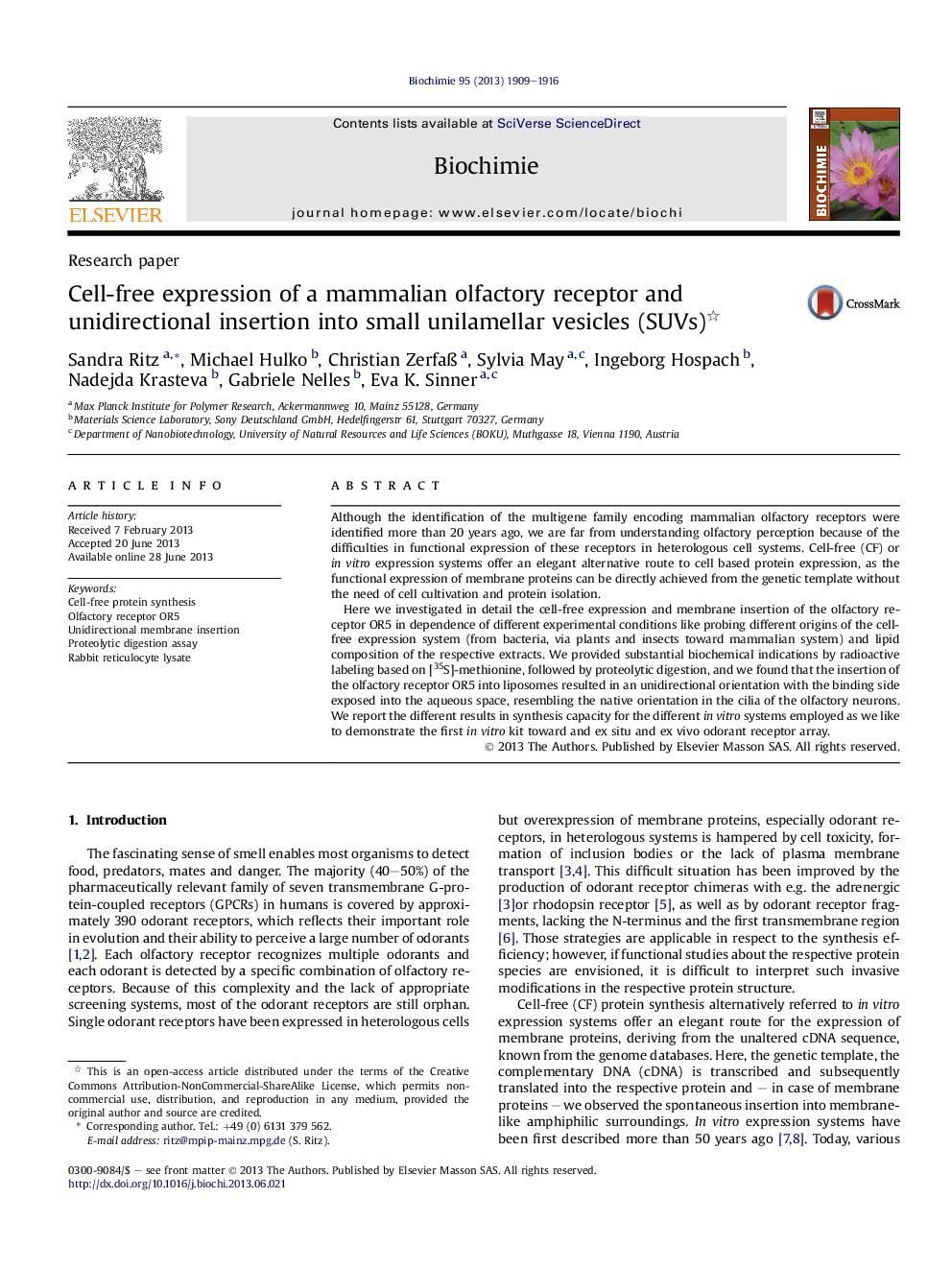 Cell-free expression of a mammalian olfactory receptor and unidirectional insertion into small unilamellar vesicles (SUVs)