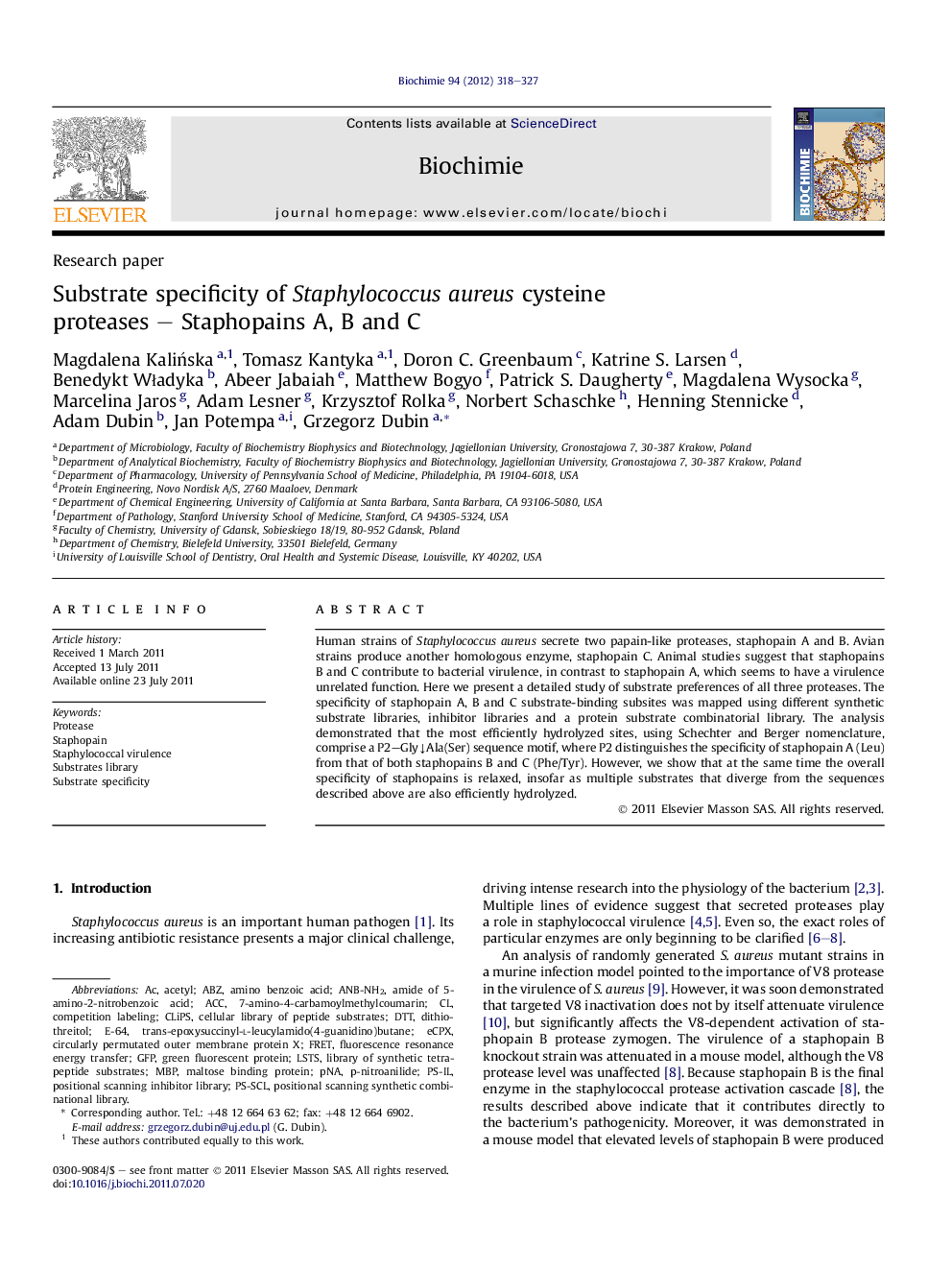 Substrate specificity of Staphylococcus aureus cysteine proteases - Staphopains A, B and C