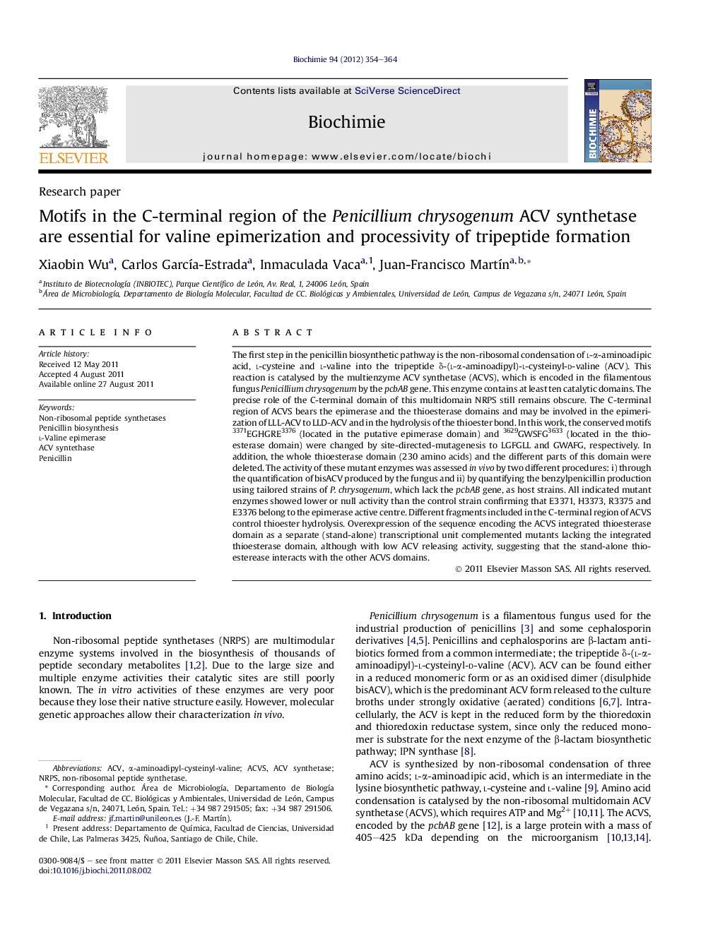 Motifs in the C-terminal region of the Penicillium chrysogenum ACV synthetase are essential for valine epimerization and processivity of tripeptide formation