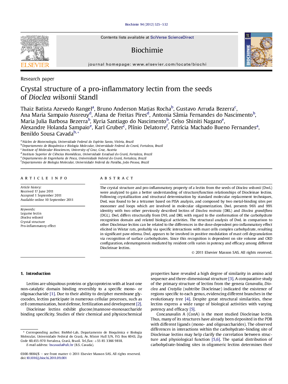 Crystal structure of a pro-inflammatory lectin from the seeds of Dioclea wilsonii Standl