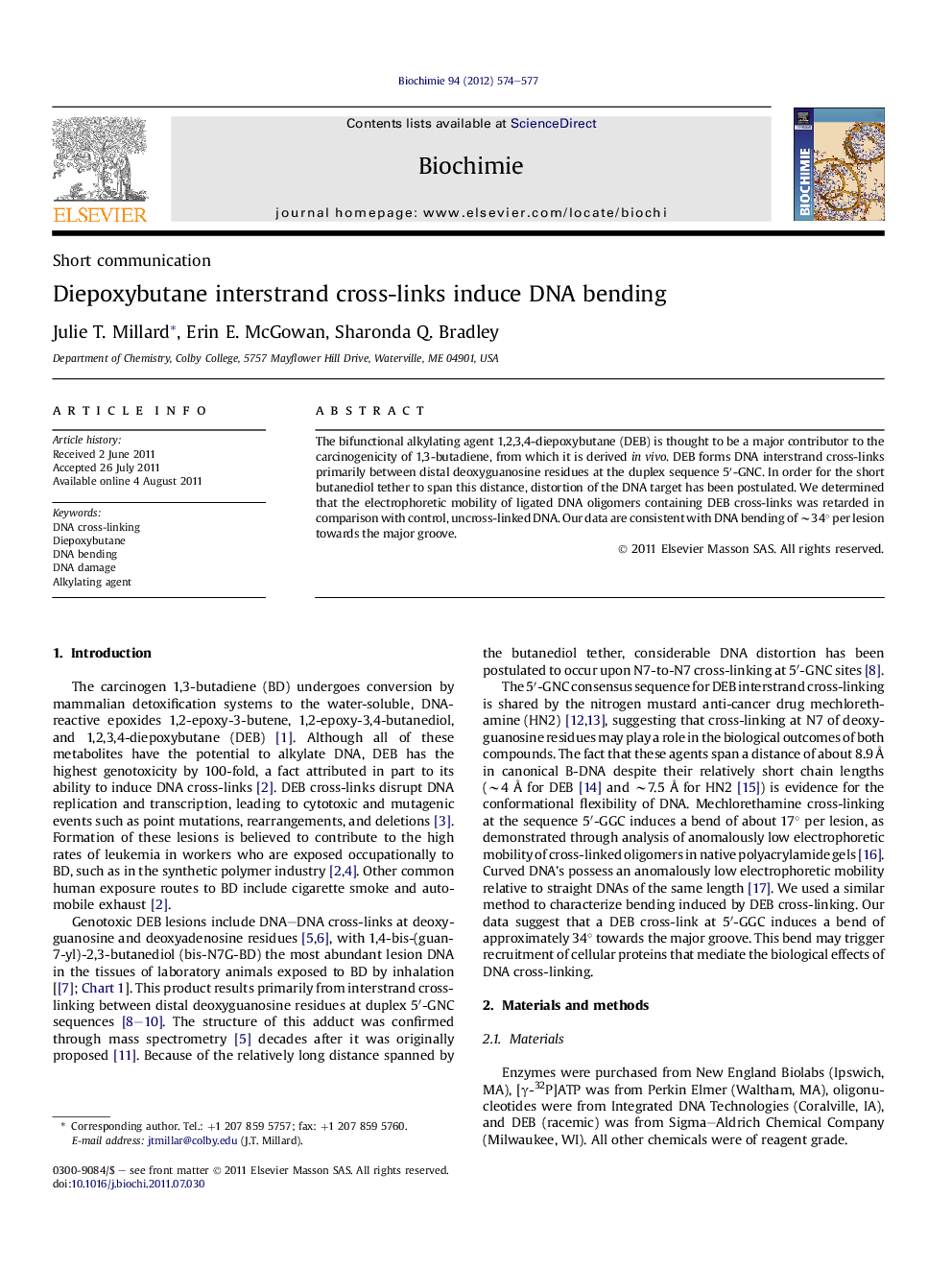 Diepoxybutane interstrand cross-links induce DNA bending