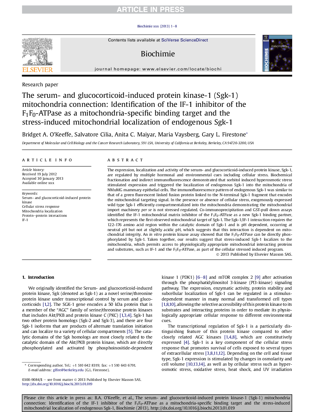 The serum- and glucocorticoid-induced protein kinase-1 (Sgk-1) mitochondria connection: Identification of the IF-1 inhibitor of the F1F0-ATPase as a mitochondria-specific binding target and the stress-induced mitochondrial localization of endogenous Sgk-1