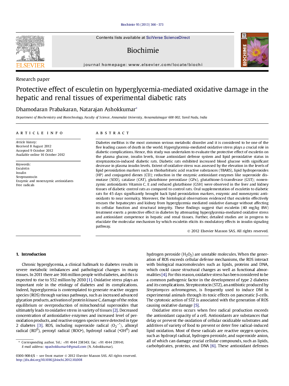 Protective effect of esculetin on hyperglycemia-mediated oxidative damage in the hepatic and renal tissues of experimental diabetic rats