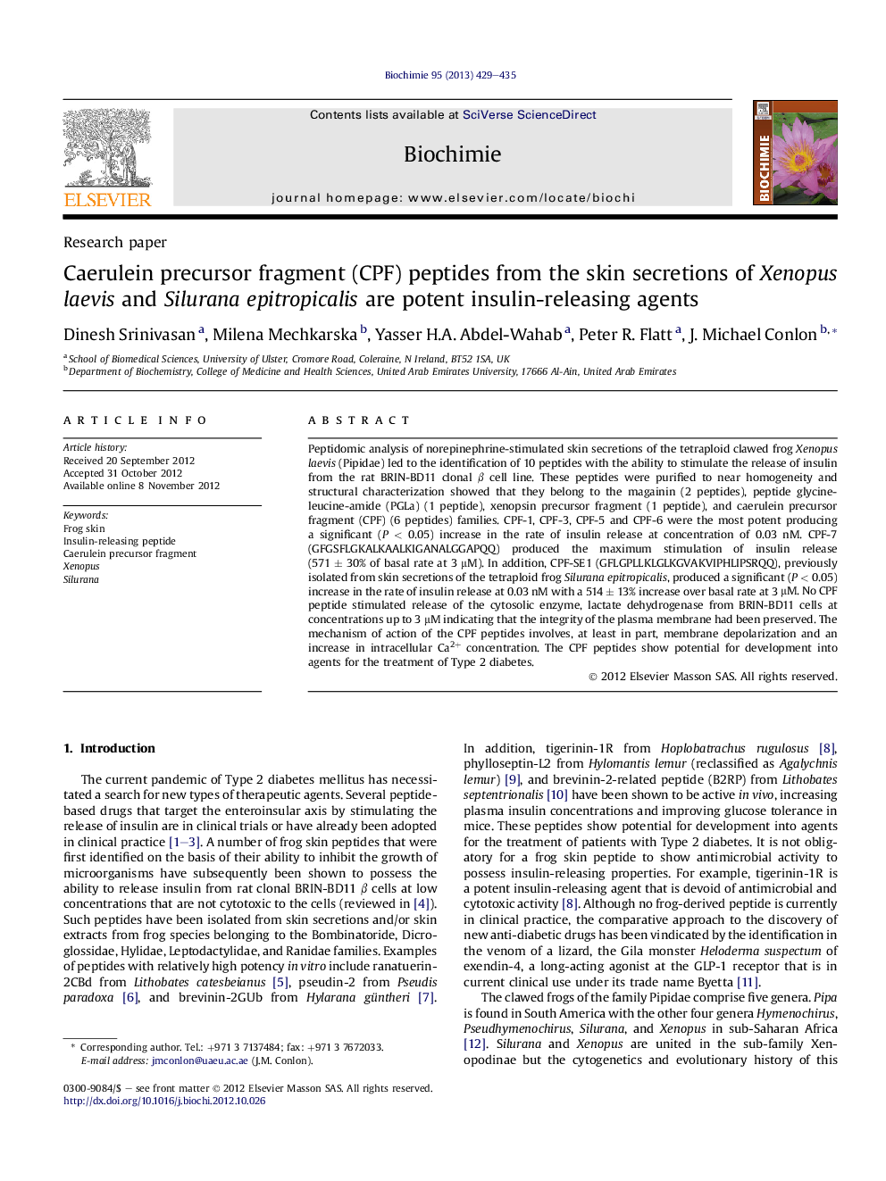 Caerulein precursor fragment (CPF) peptides from the skin secretions of Xenopus laevis and Silurana epitropicalis are potent insulin-releasing agents