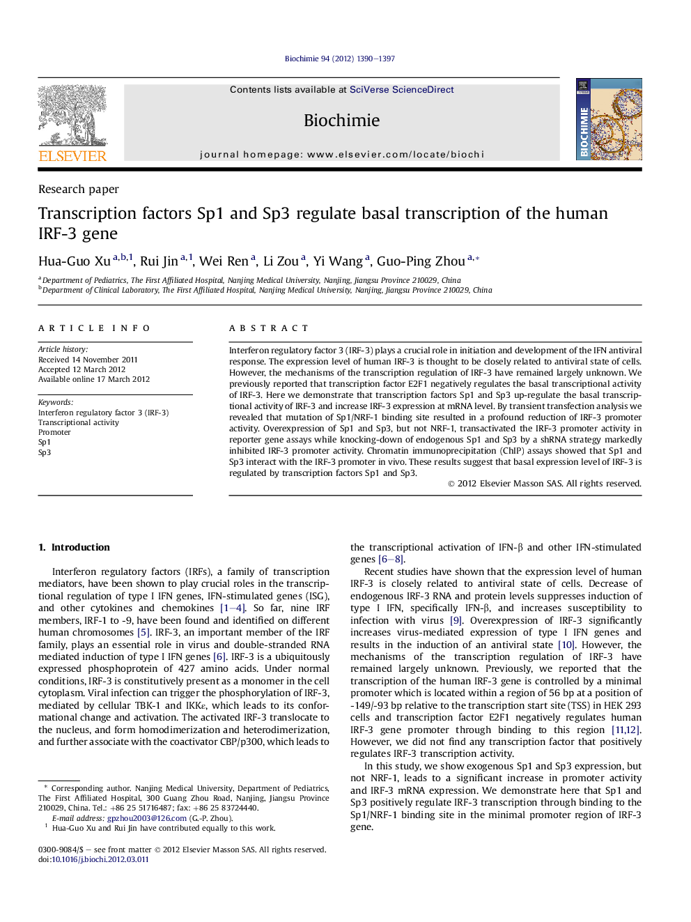 Transcription factors Sp1 and Sp3 regulate basal transcription of the human IRF-3 gene