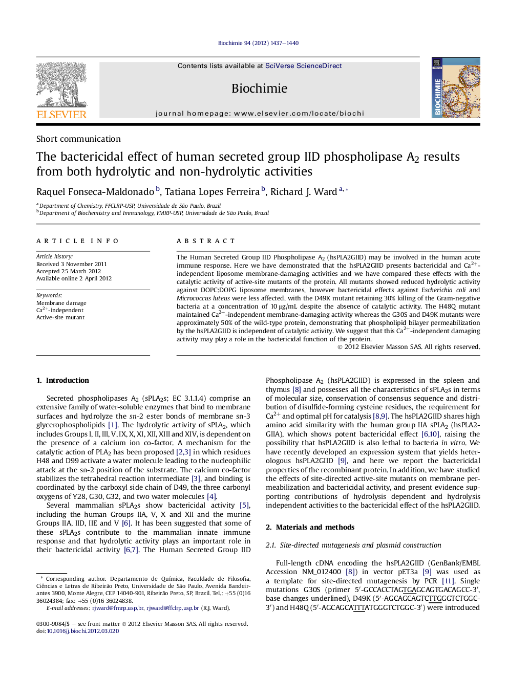 The bactericidal effect of human secreted group IID phospholipase A2 results from both hydrolytic and non-hydrolytic activities