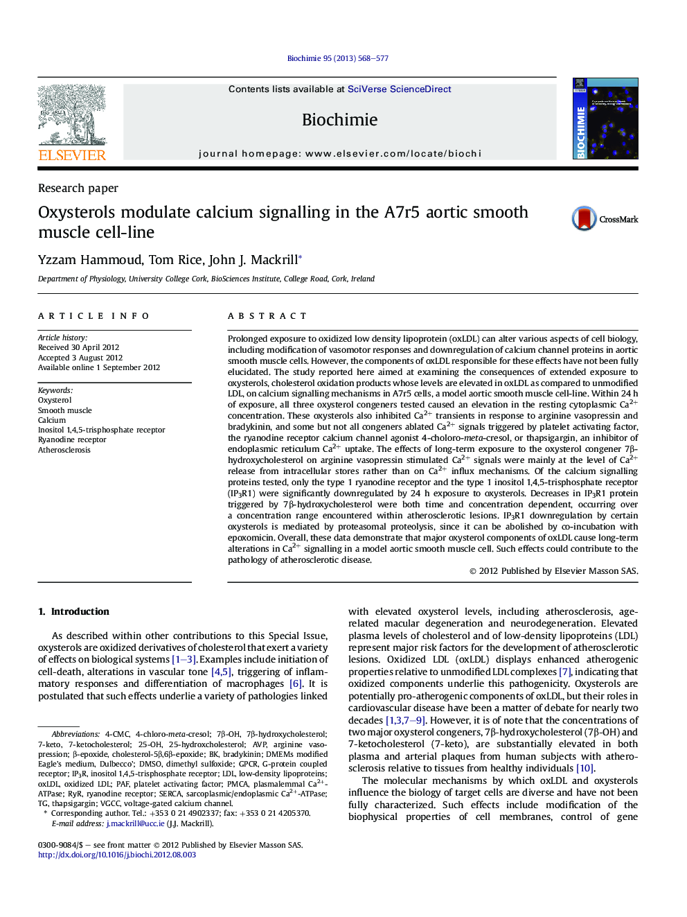 Oxysterols modulate calcium signalling in the A7r5 aortic smooth muscle cell-line