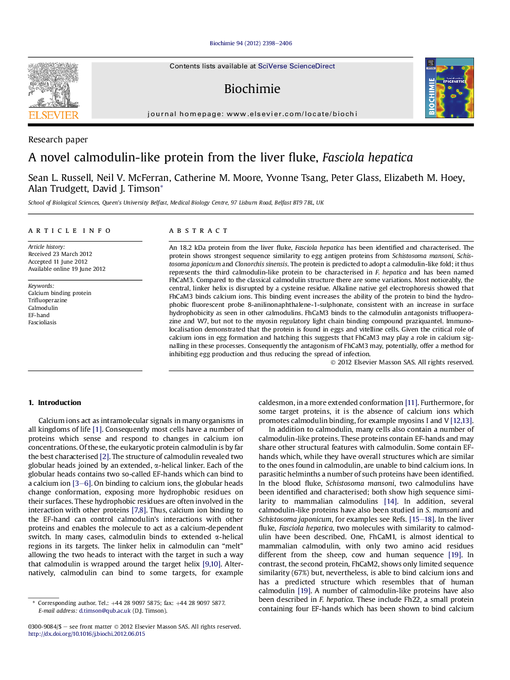 A novel calmodulin-like protein from the liver fluke, Fasciola hepatica