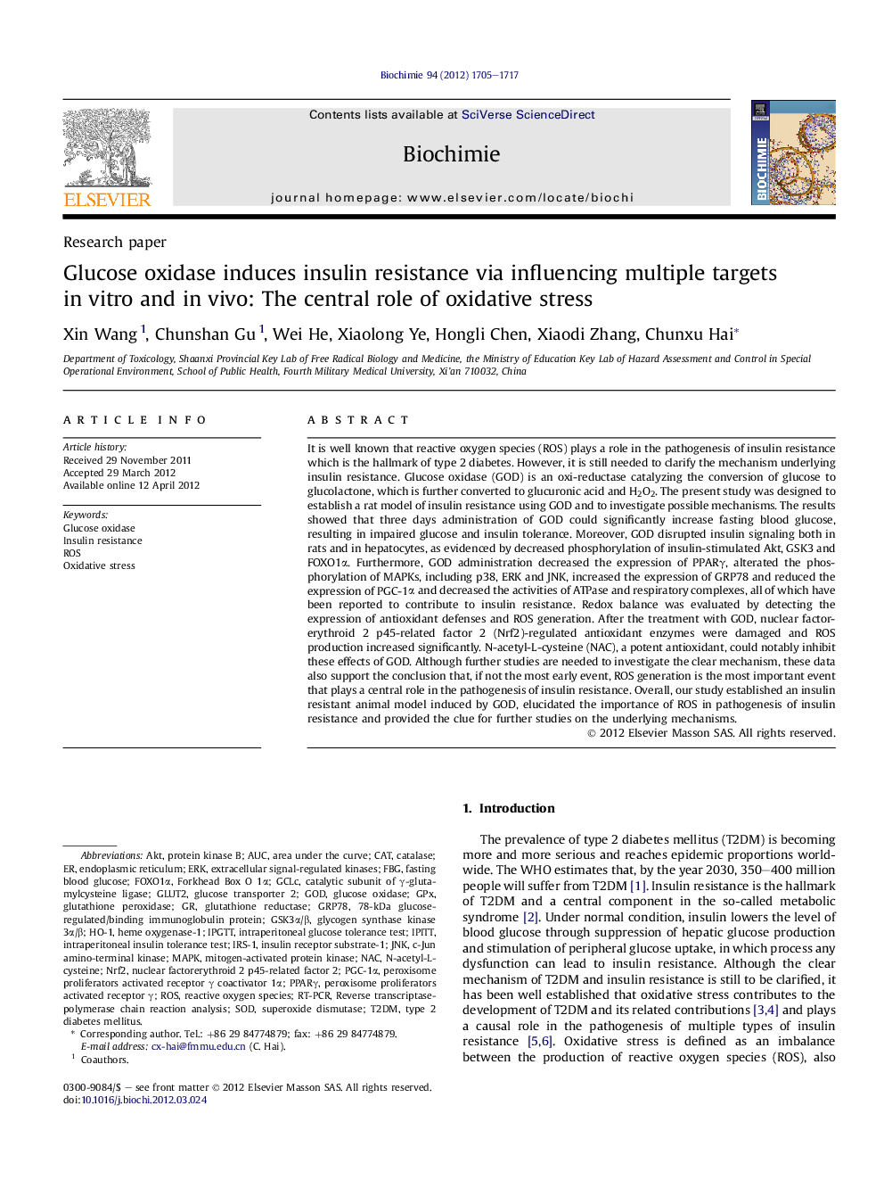 Glucose oxidase induces insulin resistance via influencing multiple targets inÂ vitro and inÂ vivo: The central role of oxidative stress