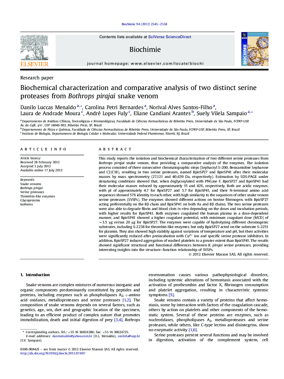 Biochemical characterization and comparative analysis of two distinct serine proteases from Bothrops pirajai snake venom