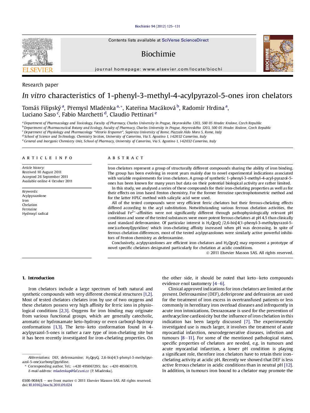 InÂ vitro characteristics of 1-phenyl-3-methyl-4-acylpyrazol-5-ones iron chelators