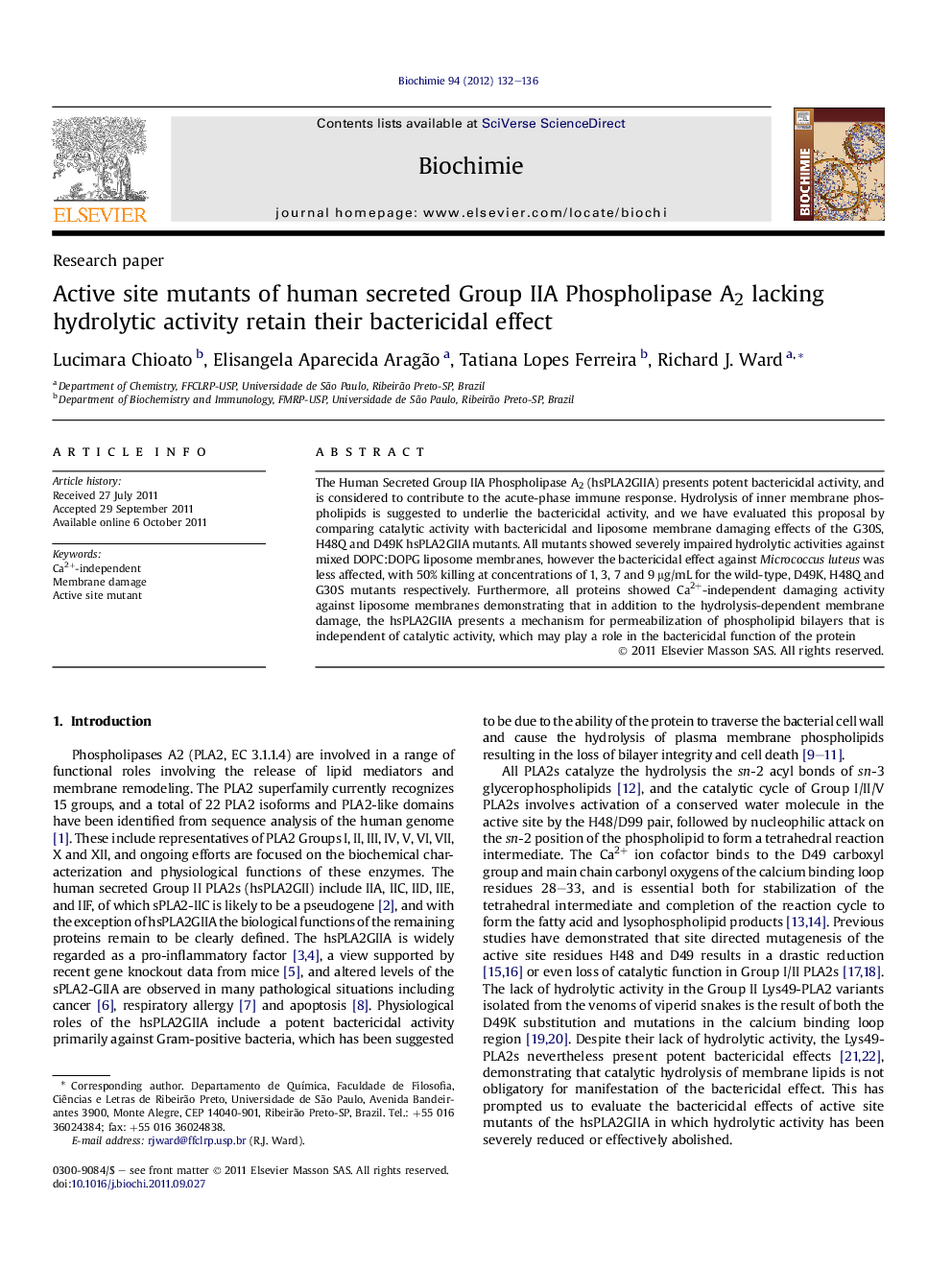 Active site mutants of human secreted Group IIA Phospholipase A2 lacking hydrolytic activity retain their bactericidal effect