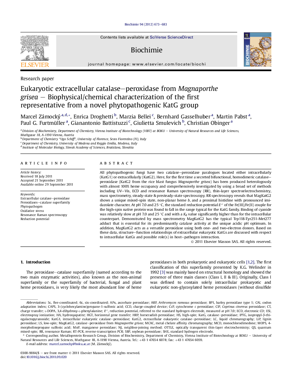 Eukaryotic extracellular catalase-peroxidase from Magnaporthe grisea - Biophysical/chemical characterization of the first representative from a novel phytopathogenic KatG group