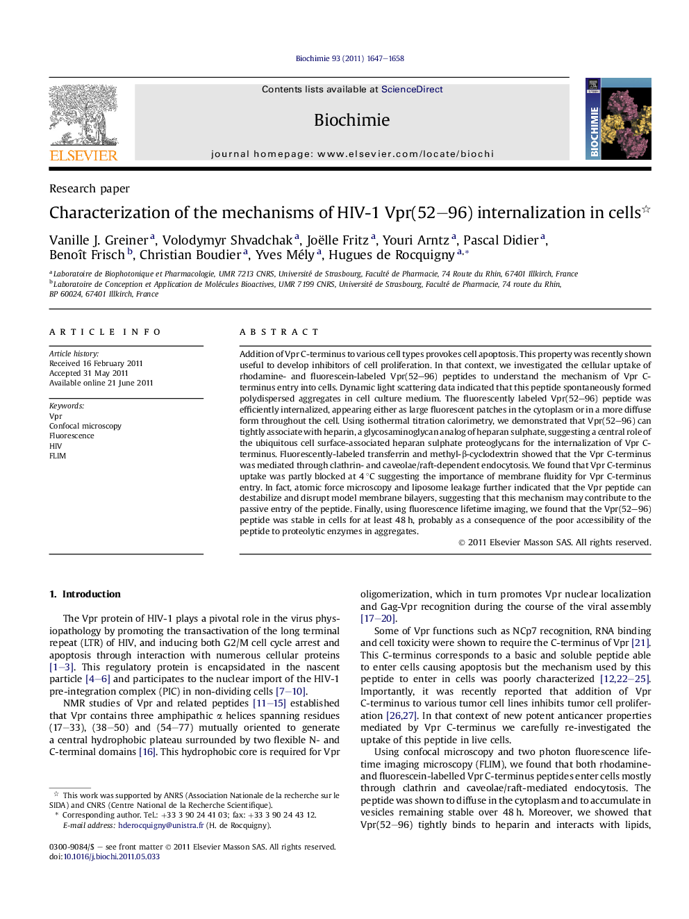 Characterization of the mechanisms of HIV-1 Vpr(52-96) internalization in cells