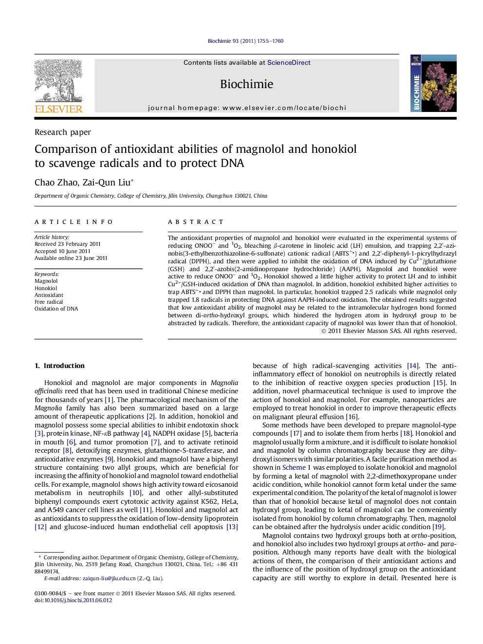 Comparison of antioxidant abilities of magnolol and honokiol to scavenge radicals and to protect DNA