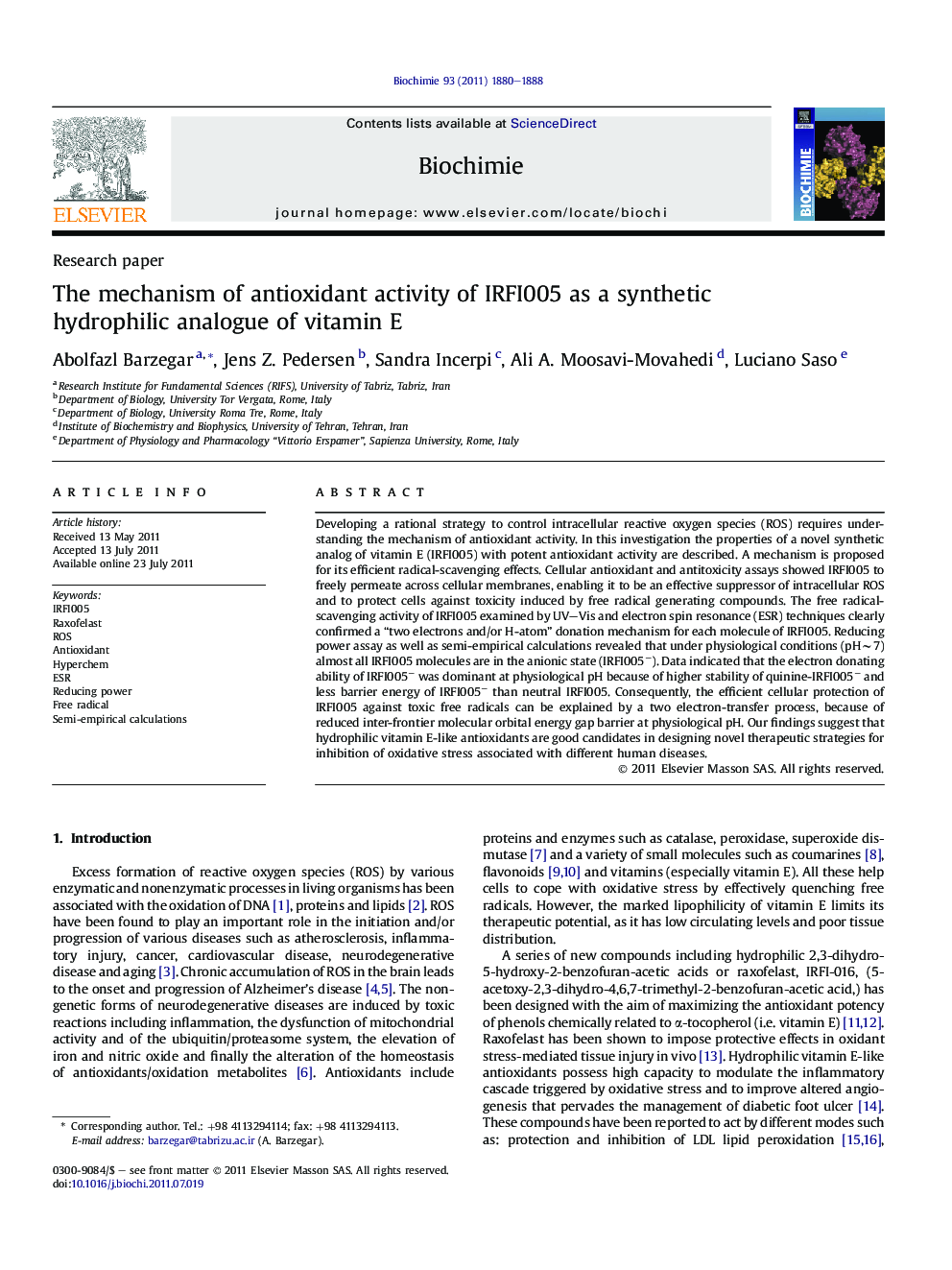 The mechanism of antioxidant activity of IRFI005 as a synthetic hydrophilic analogue of vitamin E