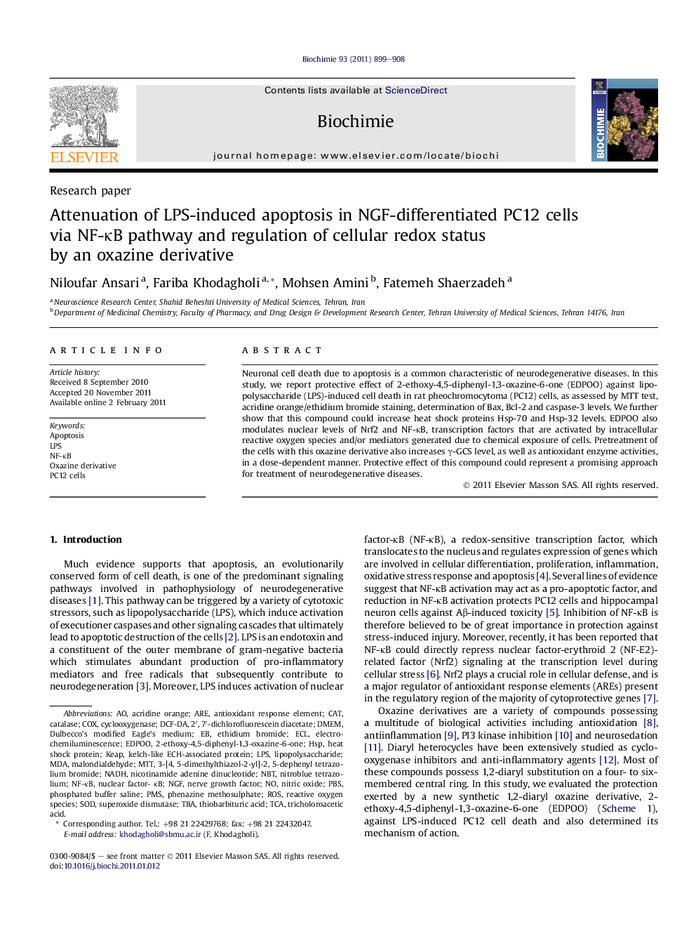 Attenuation of LPS-induced apoptosis in NGF-differentiated PC12 cells via NF-ÎºB pathway and regulation of cellular redox status by an oxazine derivative