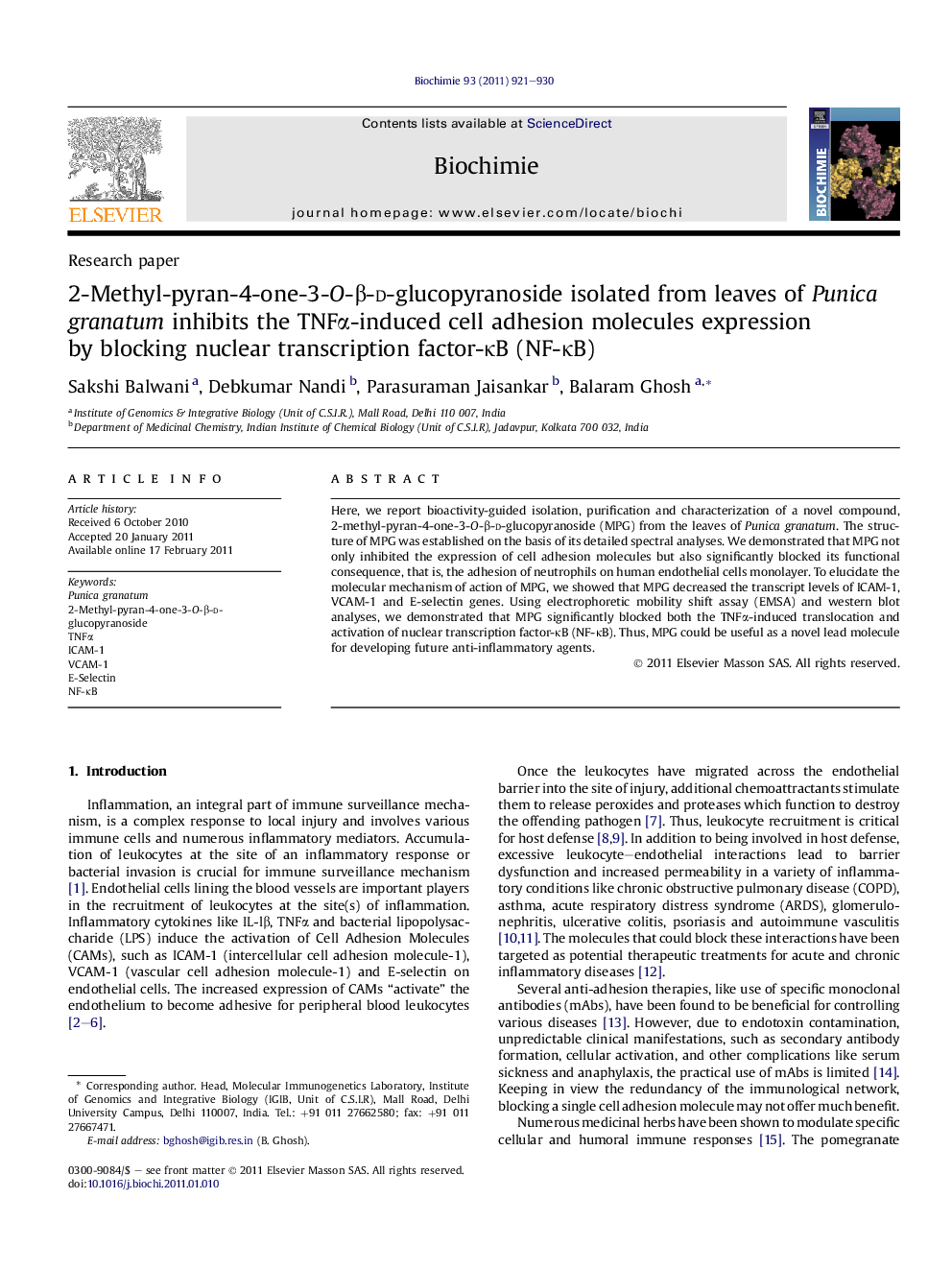 2-Methyl-pyran-4-one-3-O-Î²-d-glucopyranoside isolated from leaves of Punica granatum inhibits the TNFÎ±-induced cell adhesion molecules expression by blocking nuclear transcription factor-ÎºB (NF-ÎºB)