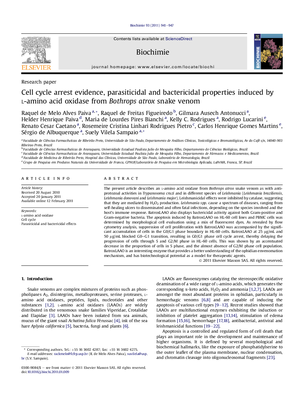 Cell cycle arrest evidence, parasiticidal and bactericidal properties induced by l-amino acid oxidase from Bothrops atrox snake venom