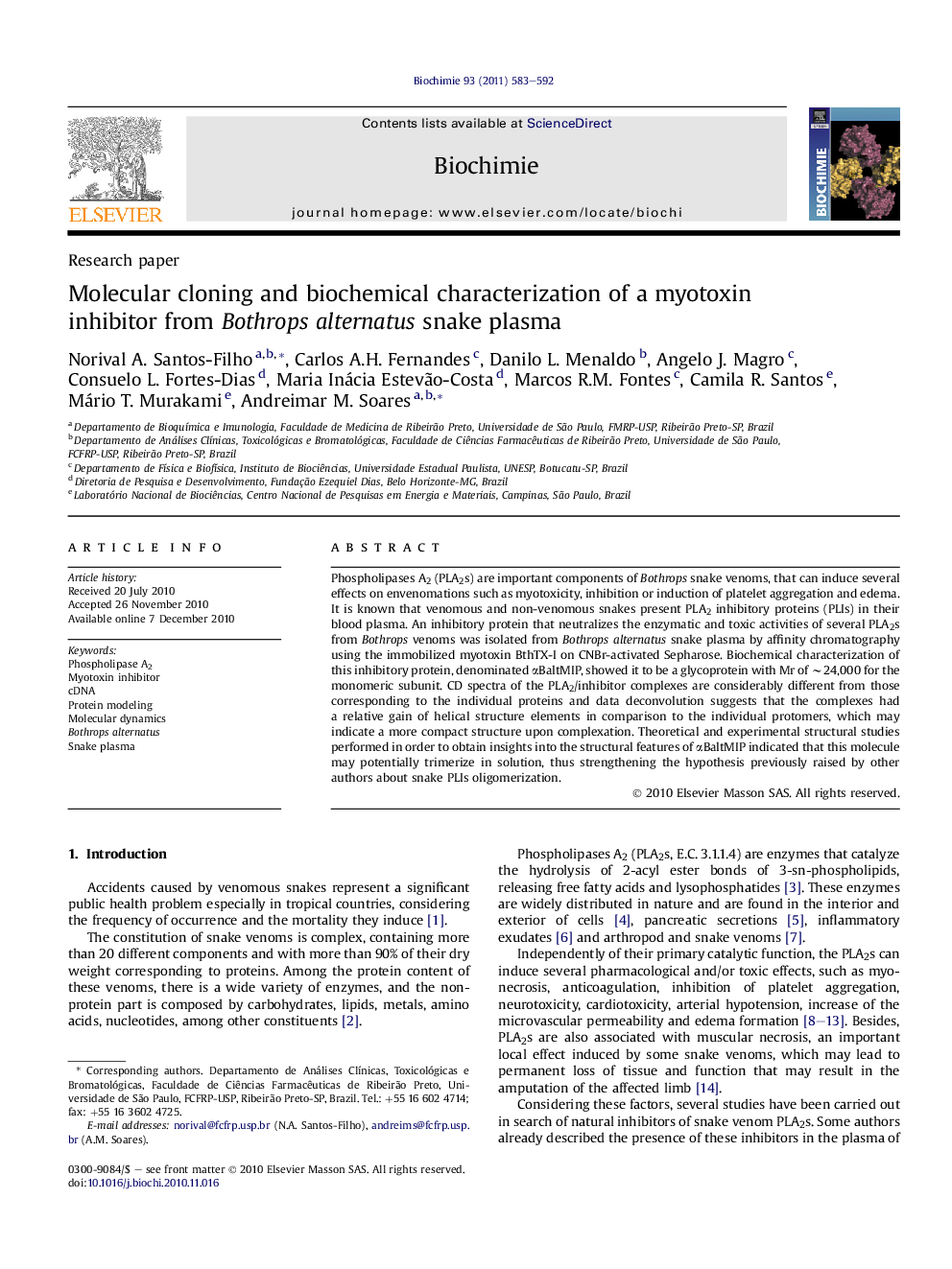 Molecular cloning and biochemical characterization of a myotoxin inhibitor from Bothrops alternatus snake plasma