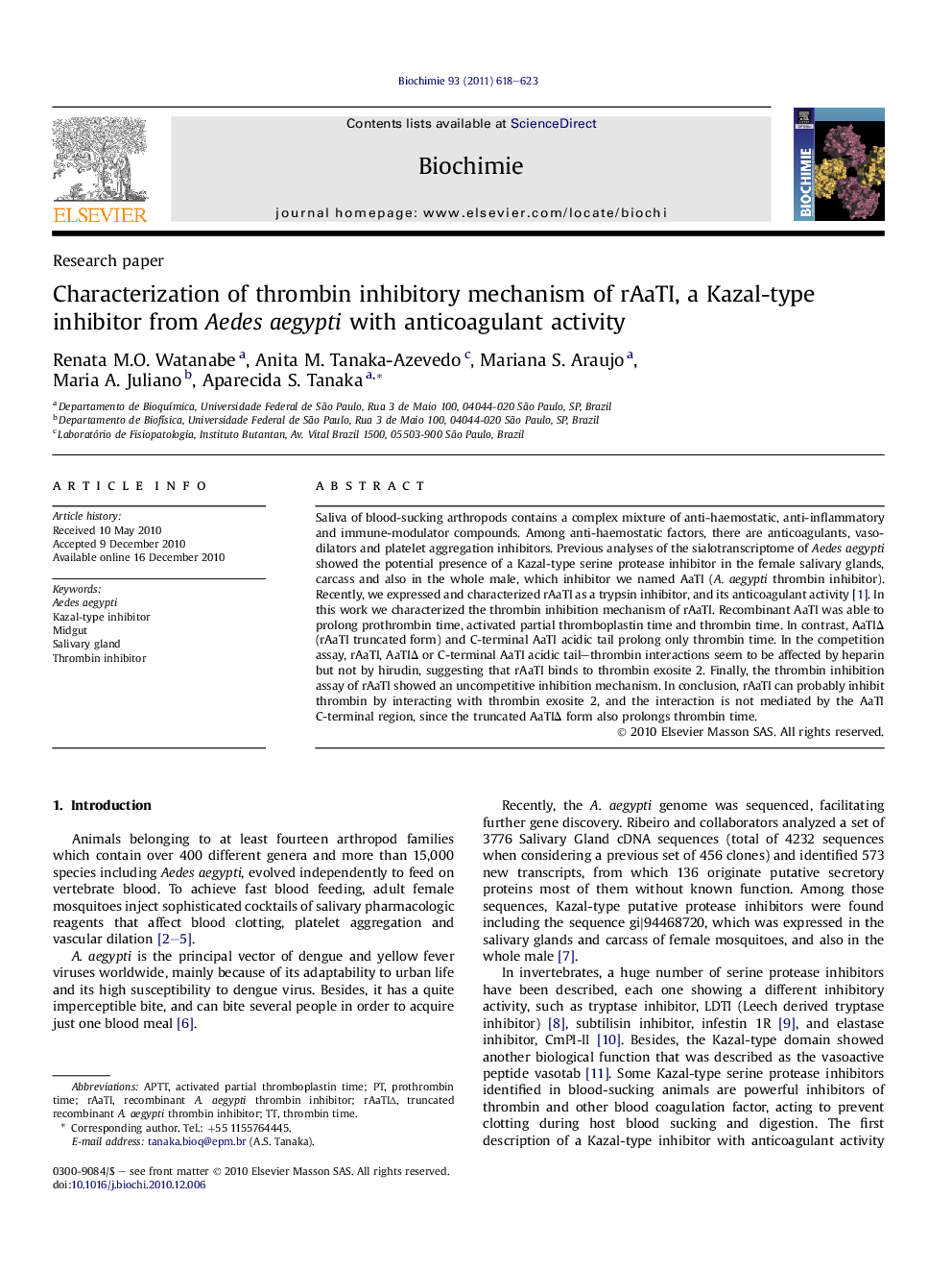 Characterization of thrombin inhibitory mechanism of rAaTI, a Kazal-type inhibitor from Aedes aegypti with anticoagulant activity