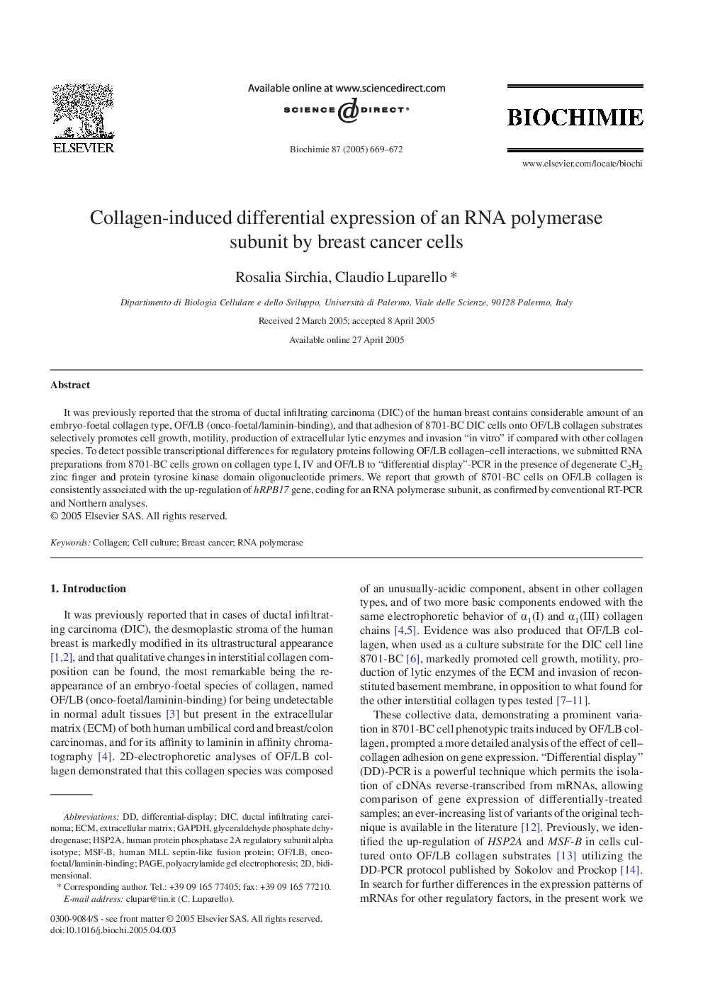 Collagen-induced differential expression of an RNA polymerase subunit by breast cancer cells