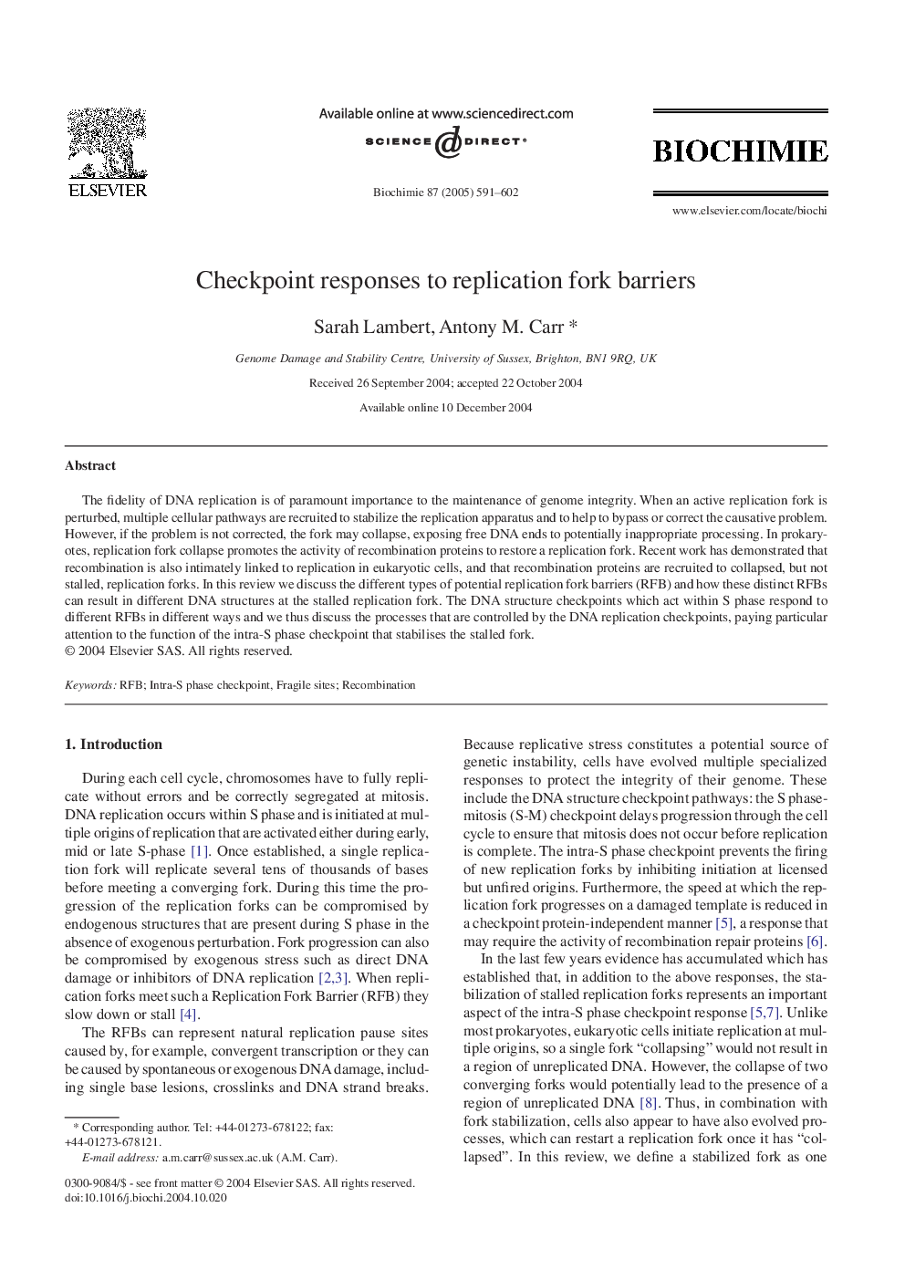 Checkpoint responses to replication fork barriers