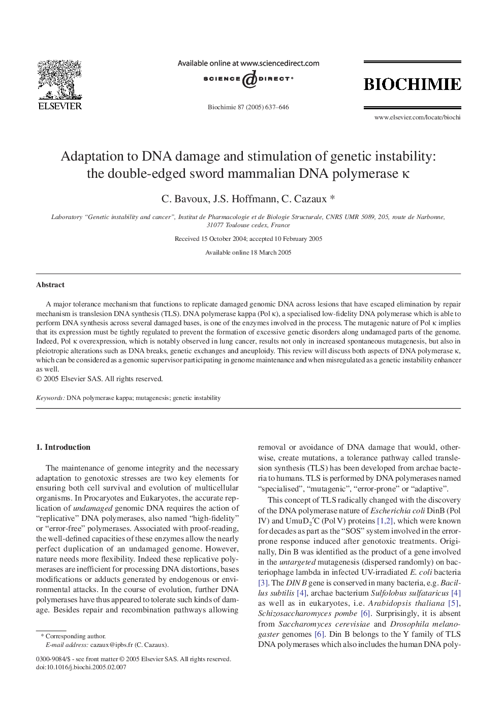 Adaptation to DNA damage and stimulation of genetic instability: the double-edged sword mammalian DNA polymerase Îº