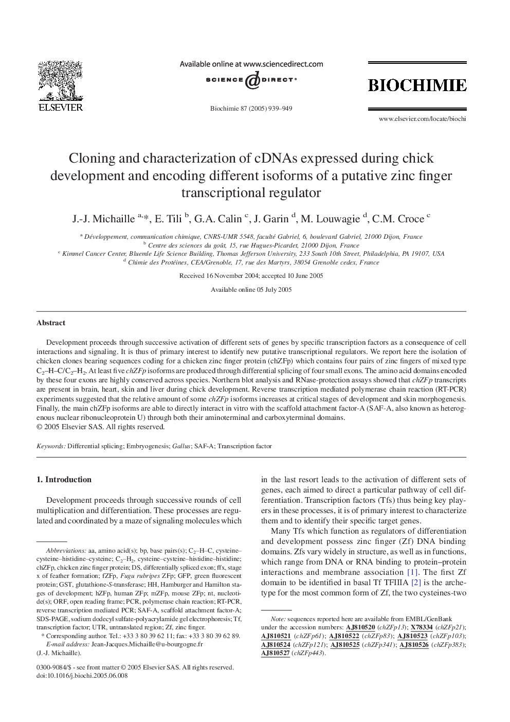 Cloning and characterization of cDNAs expressed during chick development and encoding different isoforms of a putative zinc finger transcriptional regulator