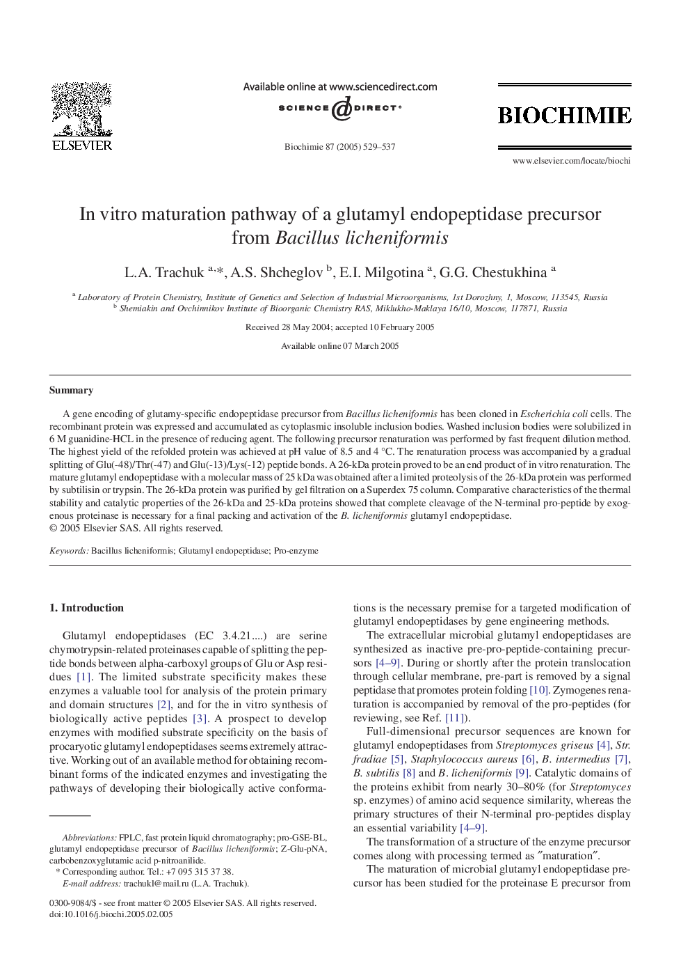 In vitro maturation pathway of a glutamyl endopeptidase precursor from Bacillus licheniformis